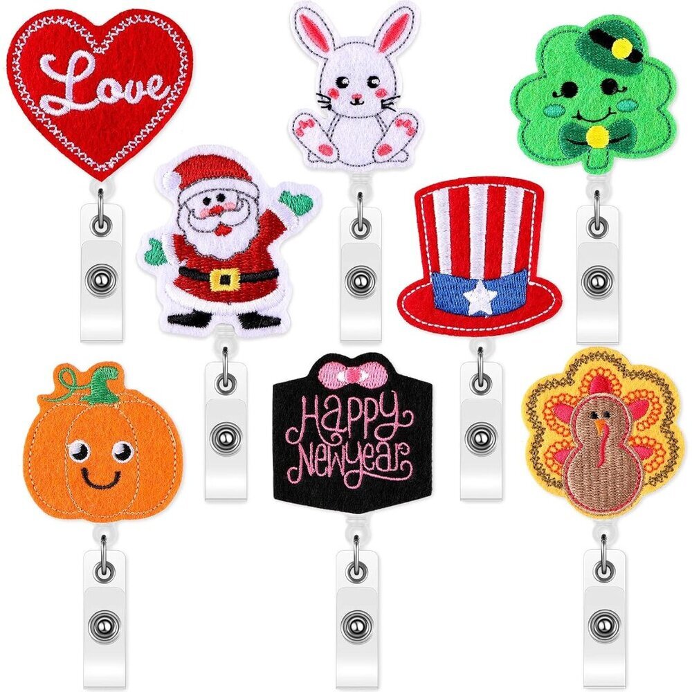 8 Pcs Christmas Badge Reels Nurse Holiday Badge Reel Name Holder Felt Embroidere